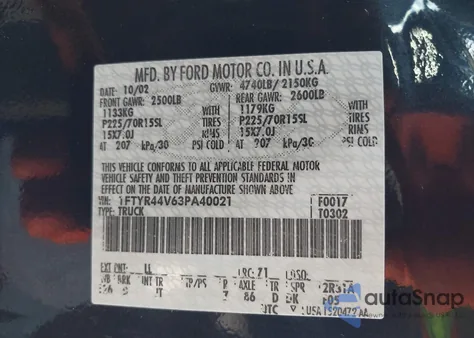 2003 Ford Ranger Edge/Tremor/Xlt z USA, uszkodzony, nr VIN 1FTYR44V63PA40021